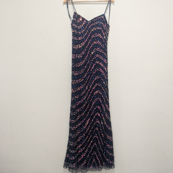 Adrianna Papell Spaghetti Sweetheart Navy Sequin Maxi Dress - Picture 4 of 15